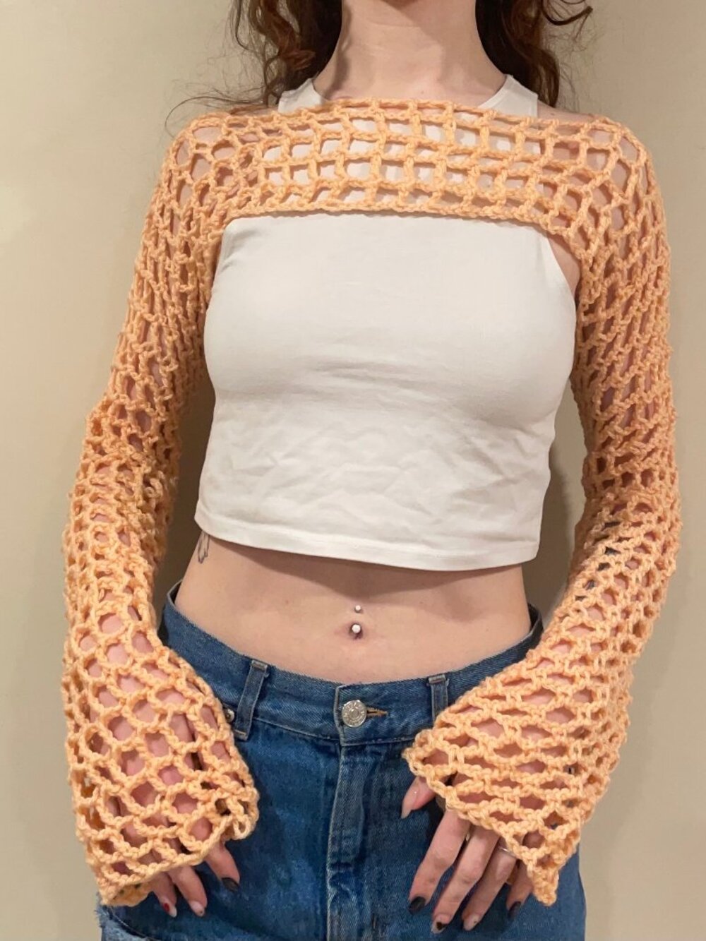 Peach Crochet Mesh Shrug